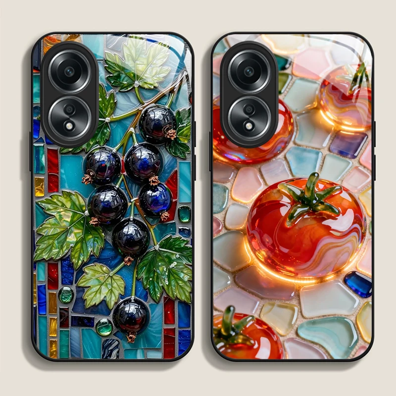 2D Flat Aesthetic Marble Fruit Pattern Tempered Glass Phone Case for OPPO Realme 14 13 Pro Plus 12 11 10 Neo 3 X7 PRO C75 Cover
