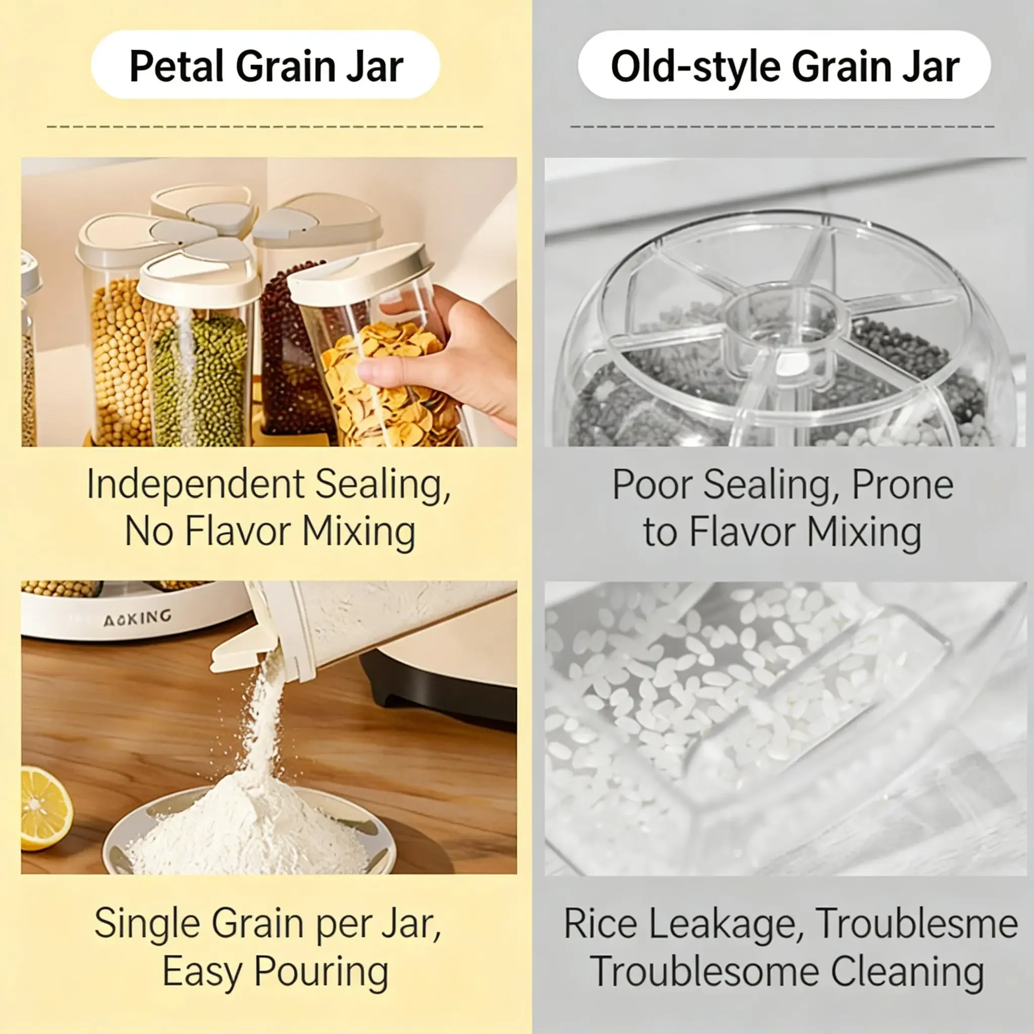 360 Rotating Rice Dispenser Airtight Grain Storage Box 6 Grid Moisture Proof Cereal Dry Food Container Transparent Kitchen Pantry Organizer Multi-Compartment Bean Flour Dispenser Bucket