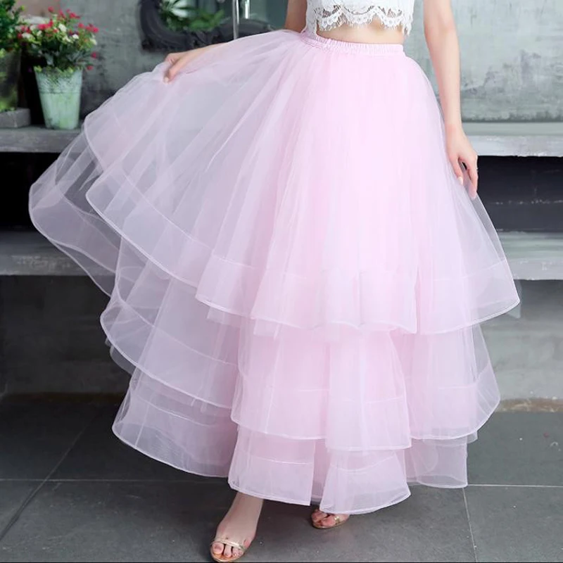 White Birthday Dress Cascading Ruffles Tulle Skirts Pink Elastic Waist Tiered Party Prom Dresses Vintage Daily Summer Skirts