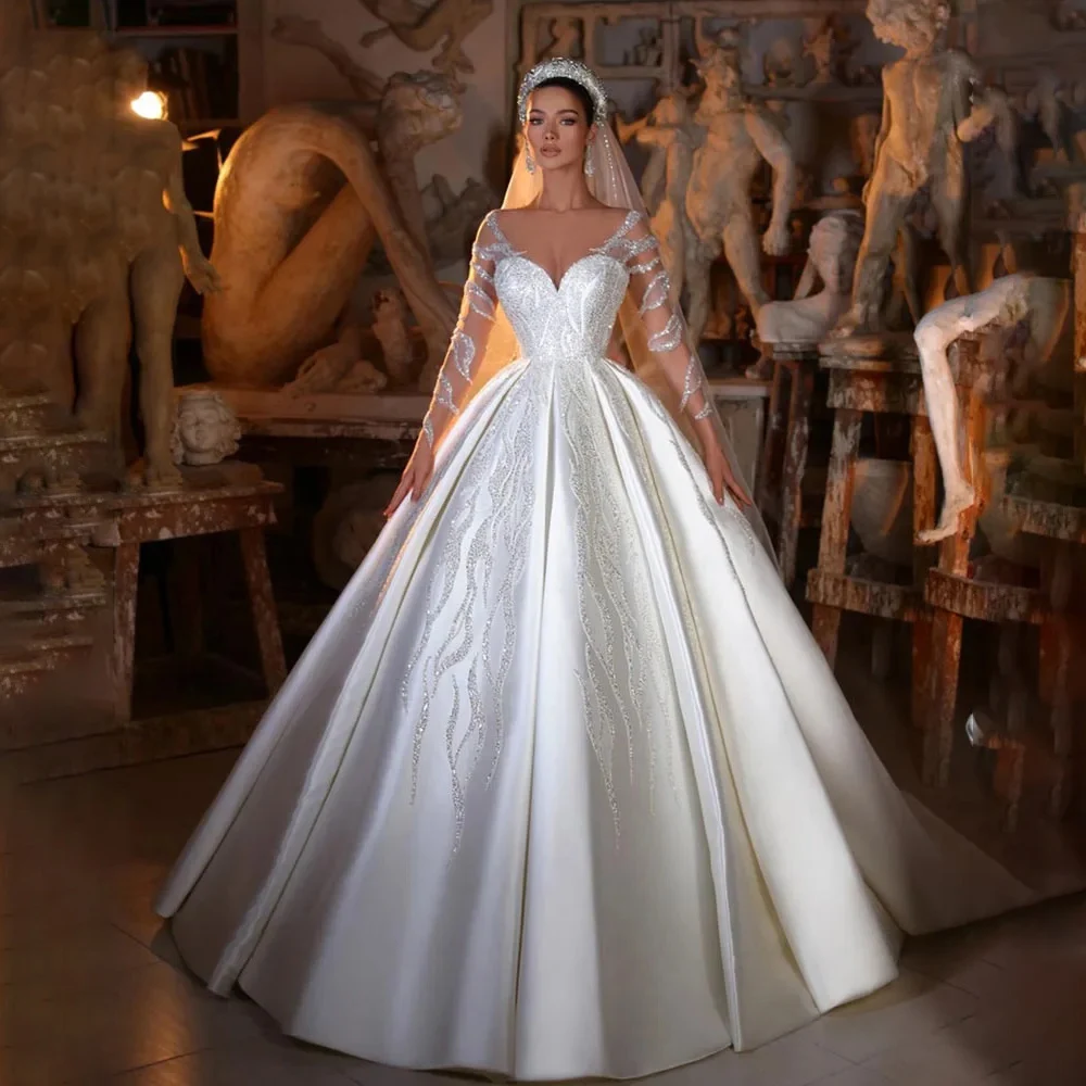 Luxuriöse A-Linie Brautkleider 2024, O-Ausschnitt, lange Ärmel, Pailletten, Satin, Hochzeitskleid, maßgeschneiderte hochwertige Prinzessin-Brautkleider