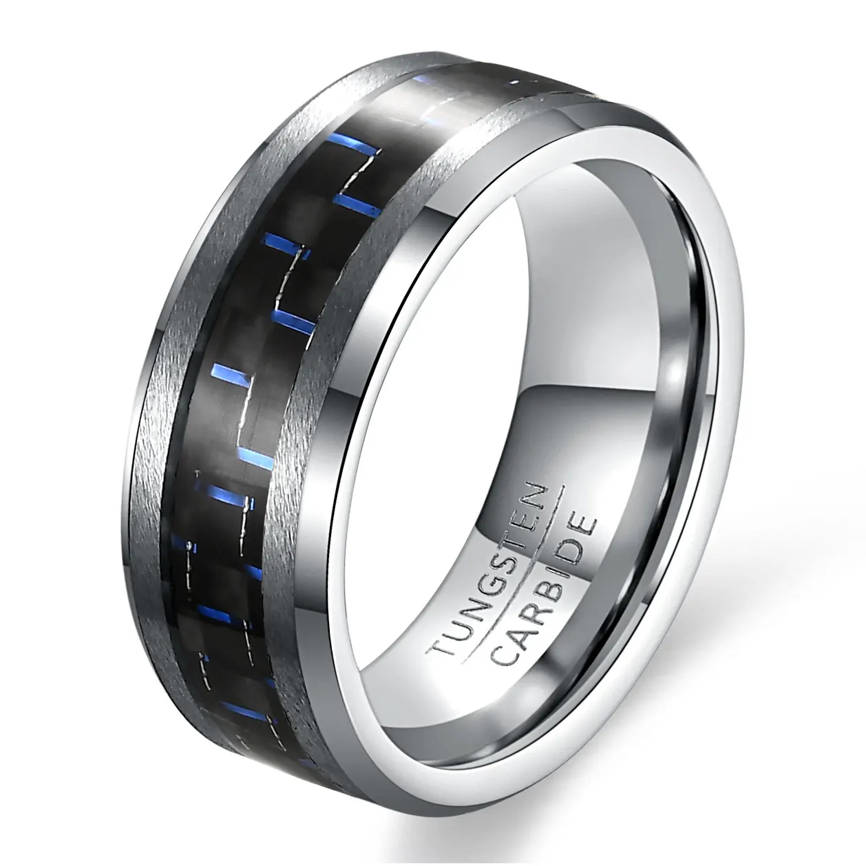 Black Carbon Fiber Jewelry 8mm Tungsten Steel Carbide Ring Mens Wedding Band New US Size 7-12