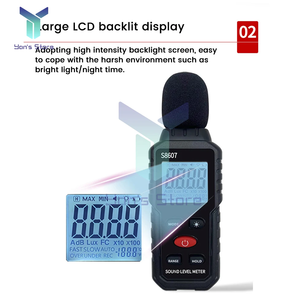 S8607 Digital 30-130dB Decibelimeter dB Meter Sound Level Meter Measure Sound Noise Level Decibel Meter 0.1dB Professional Sound