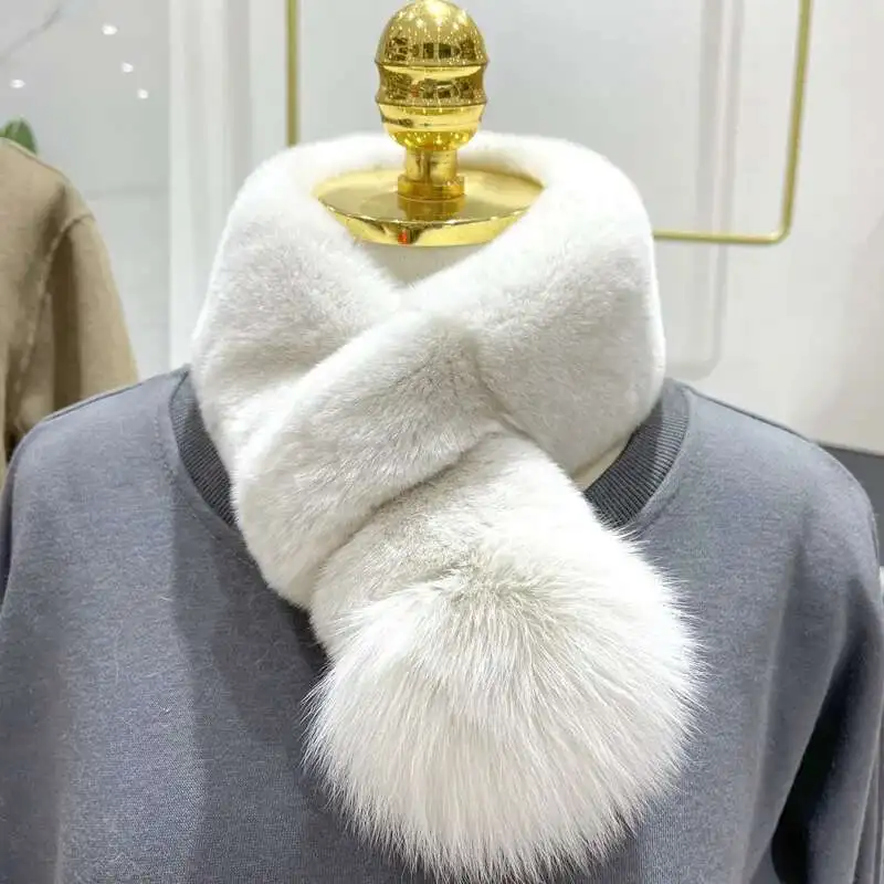 Real Rex Rabbit Fur Scarf For Women Thickened Fur Scarf With Fox Fur Ball Fashion Warm Women's Neckerchief Ladies Neck Scarves