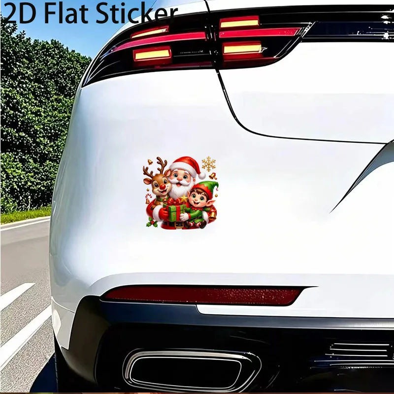 Santa Claus, cartoon reindeer, Christmas elves, gift boxes, car decals, holiday decorative stickers, winter holiday atmosphere.