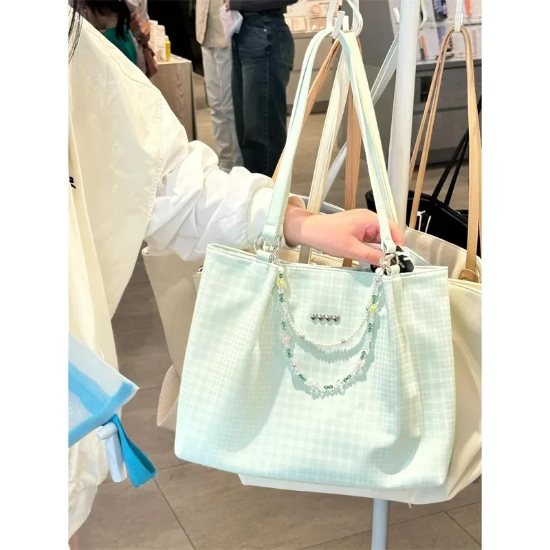 

Xiuya Cute Women Tote Bag Aesthetic Plaid Chain Harajuku Pearl Fashion Shoulder Bag Large Capacity Elegant Luxury Ladies Handbag