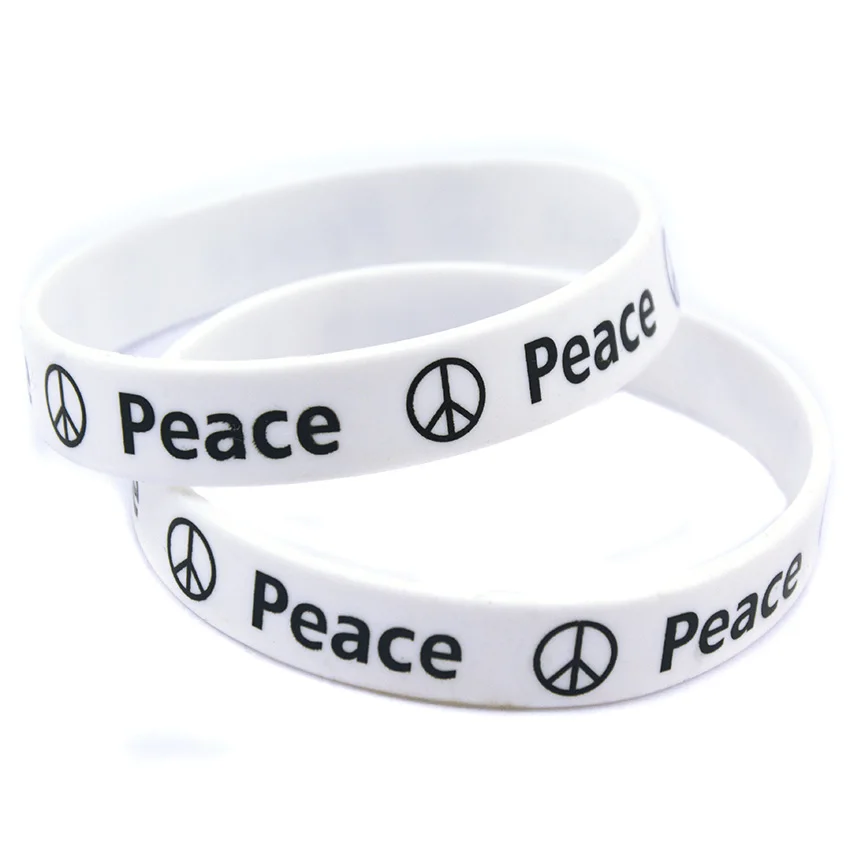 50 Pcs Peace Sign Printed Silicone Wristband for Charity Gift Rubber Bracelet Unisex Adult Size