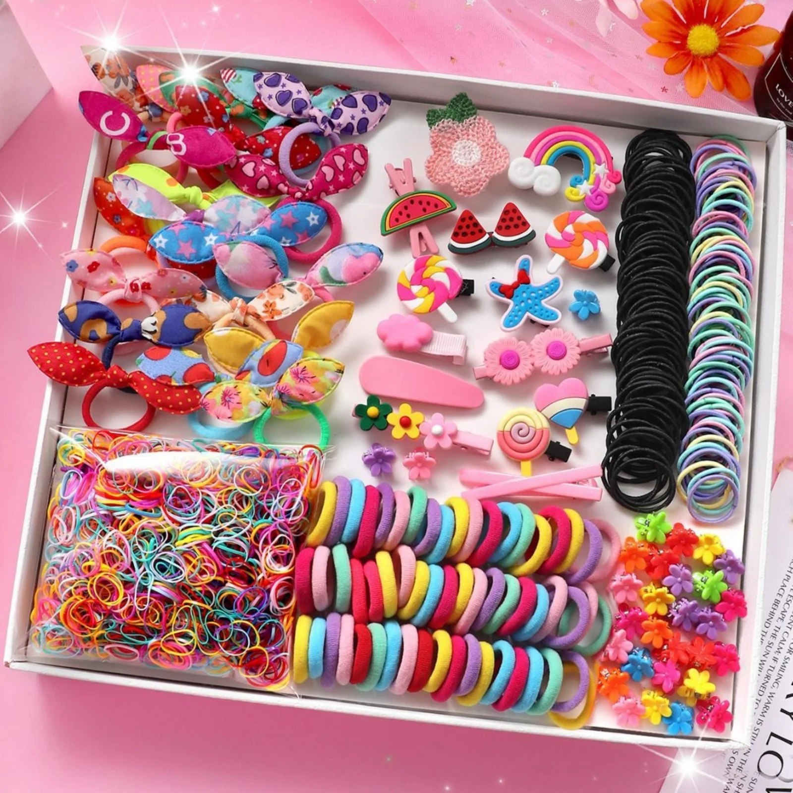 

800PCS Colorful Combination Set - Baby Hair Rings, Girls' Side Clips, Hair Accessories, Princess Hair Ropes for Girls