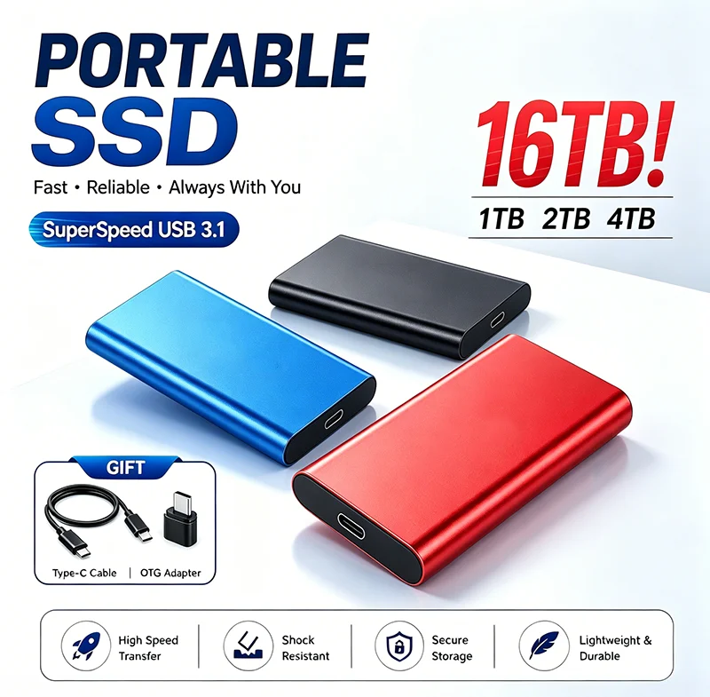 1TB Portable SSD 2TB External Hard Drive USB 3.1 High Speed Mobile Data Storage for Laptop Mac PC Compact Durable Use