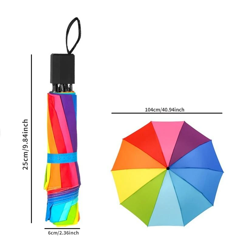 Fashion Rainbow Umbrella Three Fold Umbrella Long Handle Automatic Wind Resistant Folding Straight Umbrella