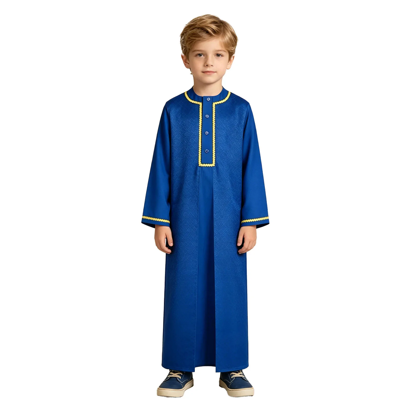 Children's Muslim Robe Kids Boys Jacquard Gold Trim Arab Gown Kaftan Arabic Thobe for Halloween Islamic Clothes Holiday Costume view 3