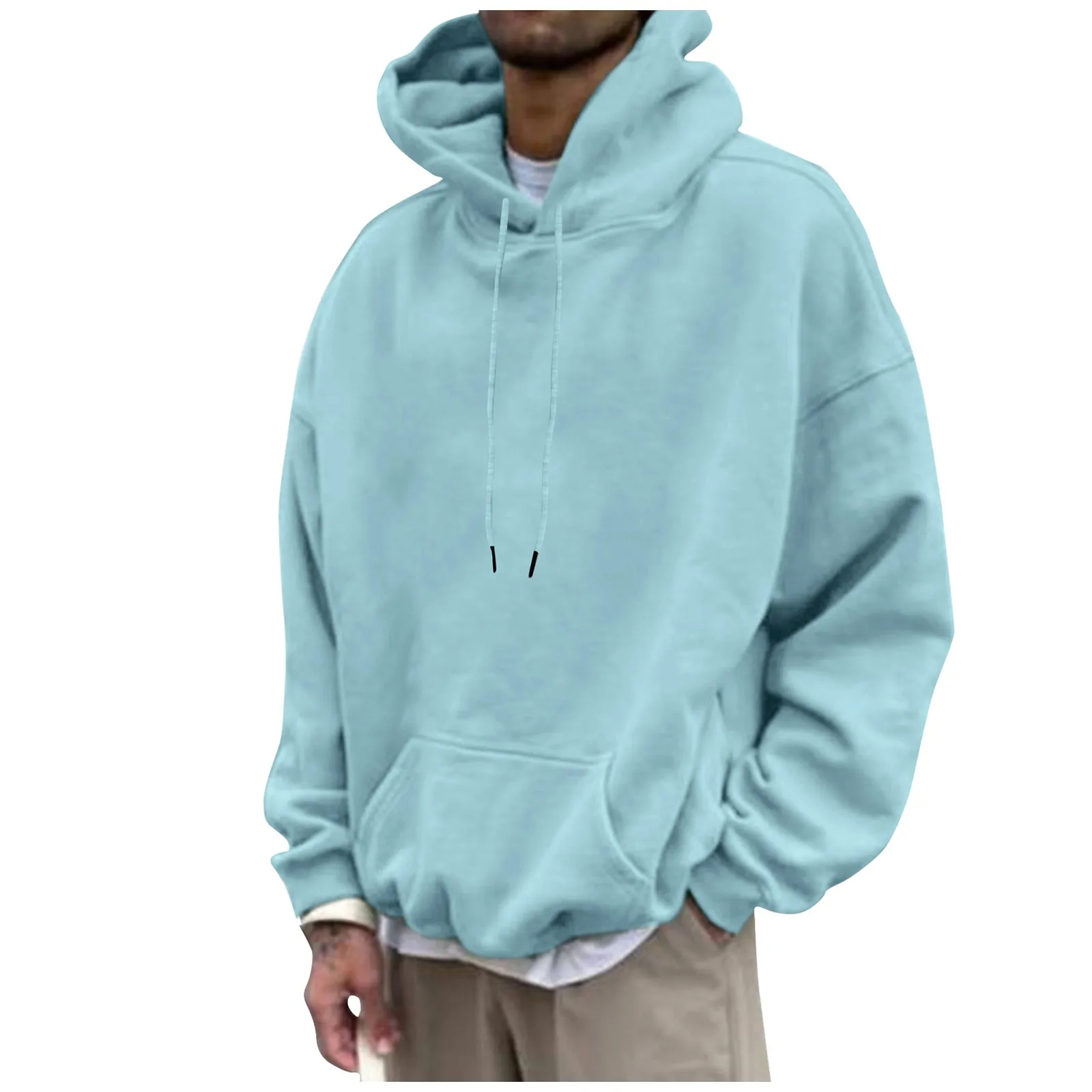 2024 Men's solid color round neck pullover men's loose dropped shoulder hooded sweatshirt loose plush thickened sweatshirt