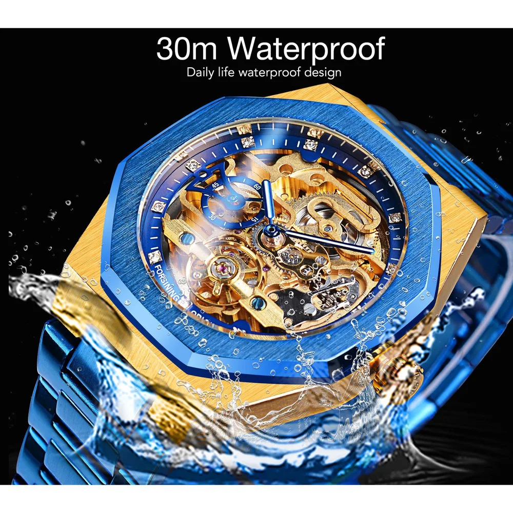 Forsing Hollow Men's Watches Waterproof Tourbillon Fashion Stainless Steel Top Night Glow Automatic Mechanical Watch for Men