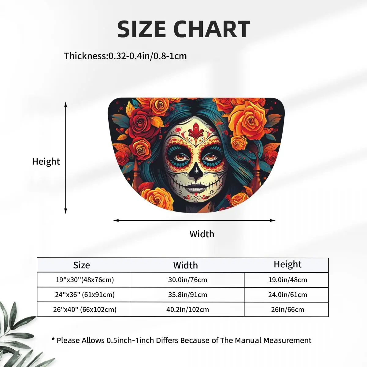 Mexican Skull Calavera Illustration Soft Flannel Half Round Doormat Non Slip Bathroom Mat Absorbent Floor Carpet for Home