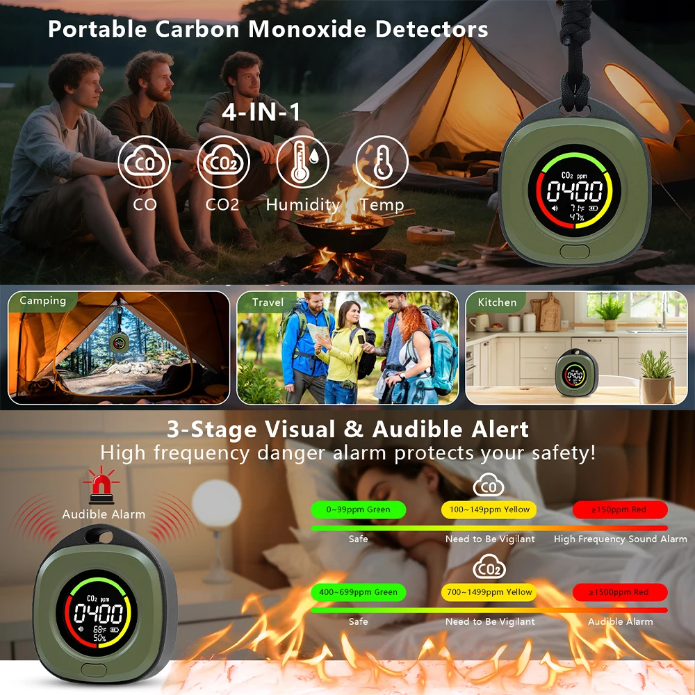 Detektor tlenku węgla 4 w 1 Dokładne wykrywanie ekranu LED Przenośny podróżny akumulatorowy detektor CO i CO2 z dźwiękiem alarmu