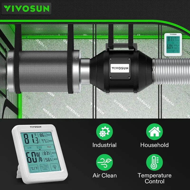 VIVOSUN-ventilador en línea con controlador de velocidad, 6 pulgadas, 390 CFM, filtro de carbono de 6 pulgadas y 8 pies de conductos, Monitor de temperatura y humedad