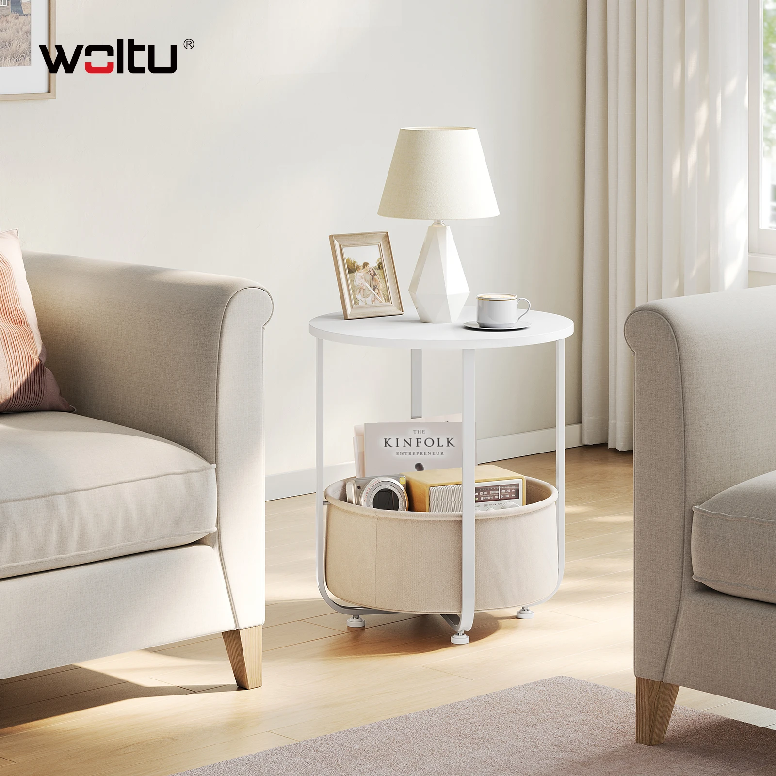 WOLTU Runder kleiner Couchtisch, Beistelltisch mit Stoff-Aufbewahrungskorb, Metallrahmen, Nachttisch, modern, für Wohnzimmer, Schlafzimmer