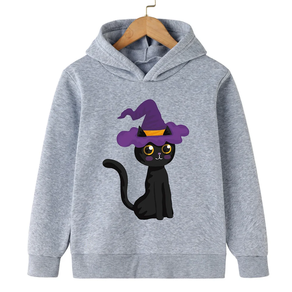 Halloween black cat cartoon print loose casual long-sleeved hoodie can wear boys and girls four seasons hoodie sweatshirt