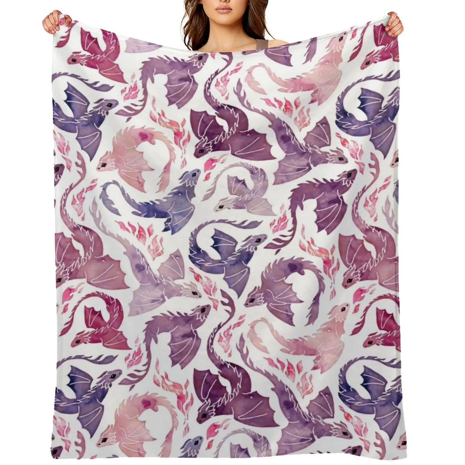 

Dragon fire pink & purple Throw Blanket Flannel Fabric halloween Beach Heavy Blankets