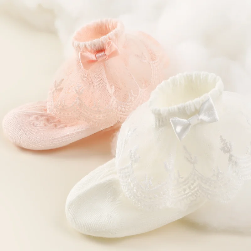 2 Paare/Set Kindersocken für Mädchen, Teenager, süße Lolita-Spitze, Schleife, Kinder-Prinzessinnensocken, Sommer-Kinder-Baumwollsocken für Babys und Kleinkinder