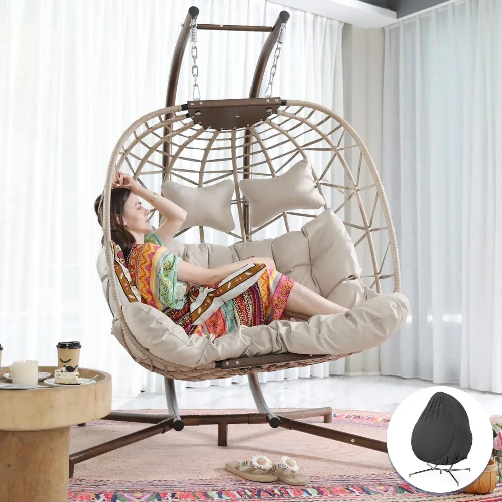 Double Egg Chair Oversized 2 Person Patio Swing Chair with Stand, Indoor Outdoor Large PE Wicker Egg Shaped Hanging Egg Chair