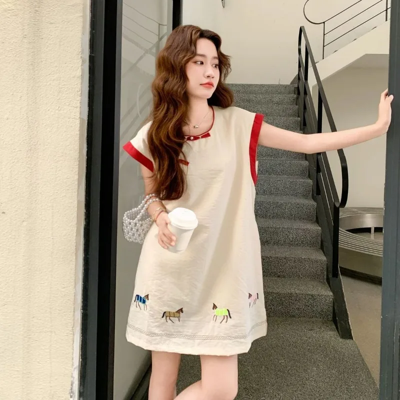 Women Clothing Summer Korean Fashion Loose Solid Color O-neck Female All-match Embroidered Appear Thin Sleeveless Tank Top Dress