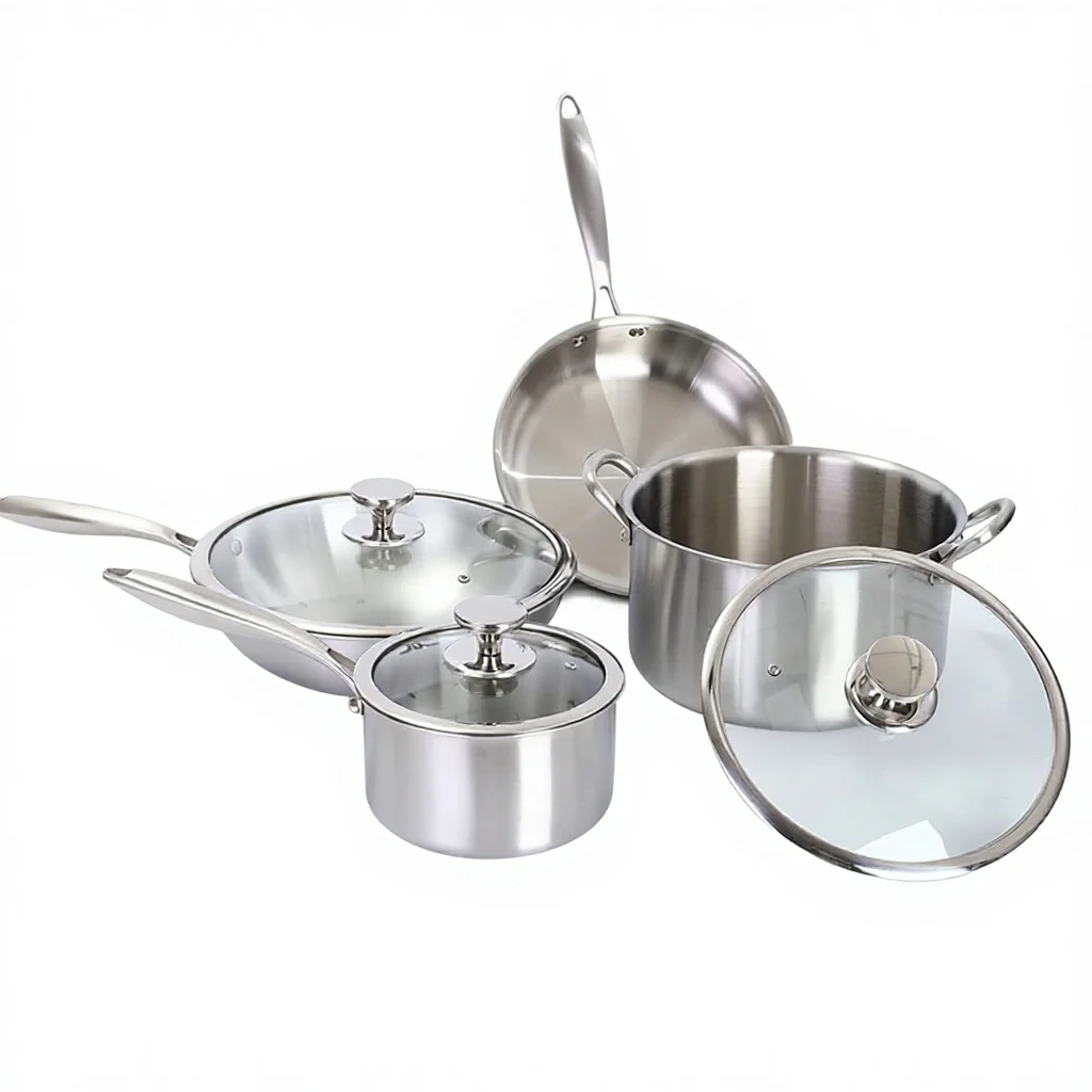 Three-Layer Low-Oil Non-Coated Non-Stick Frying Pan Gift Set Modern Minimalism Design Stainless Steel Glass-Inlaid Lid Cookware