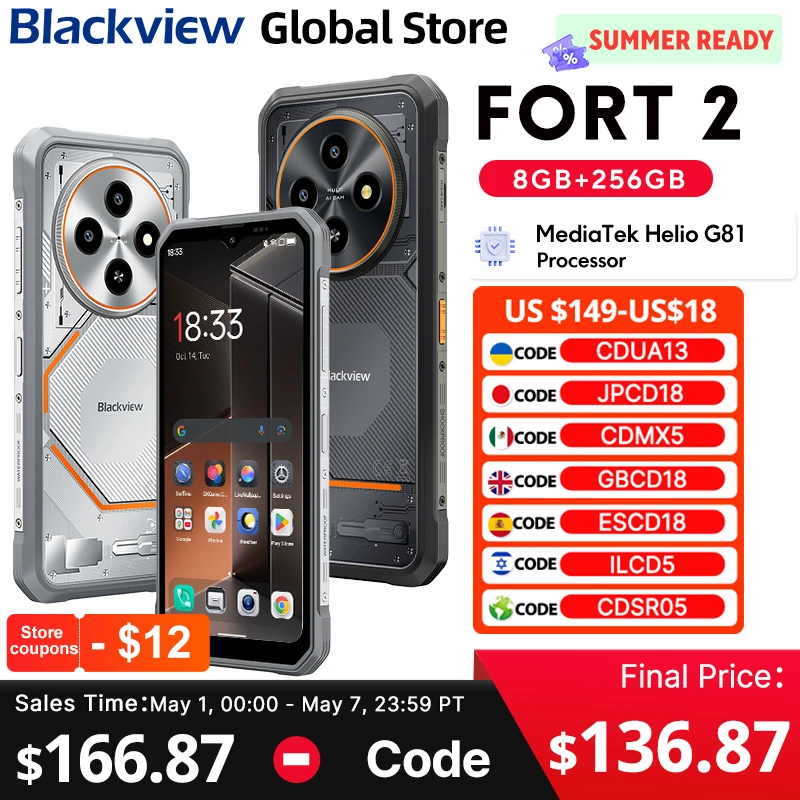 NEW Blackview FORT 2 Rugged Smartphone 6.56'' HD+ IPS 90Hz Display MTk Helio G81 5000mAh 256GB Android 15 CellPhone