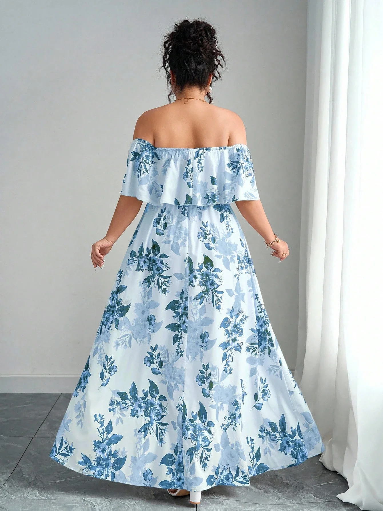 

Off Shoulder Ruffle Floral Print Maxi Dress Plus Size Summer Elegant Vacation Dress