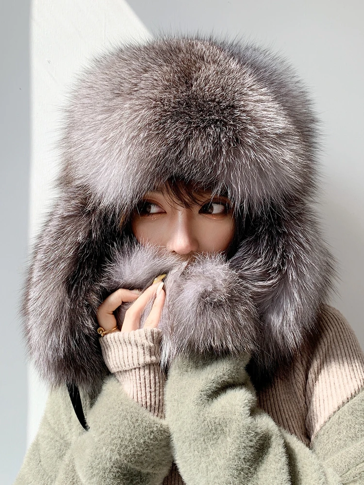 Genuine Silver Fox Fur Bomber Hat Unisex, Extreme Warm Trapper Hat with Large Fox Pompom Ear Flaps Winter Outdoor