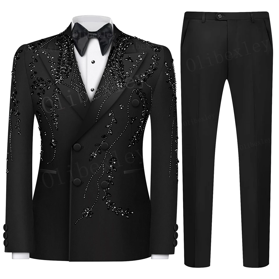 B25 Luxury Gold Beaded 2 PCS Mens Suits For Wedding Slim Fit Black Double Breasted Groom Tuxedos Tailored Made Man Costume Homme