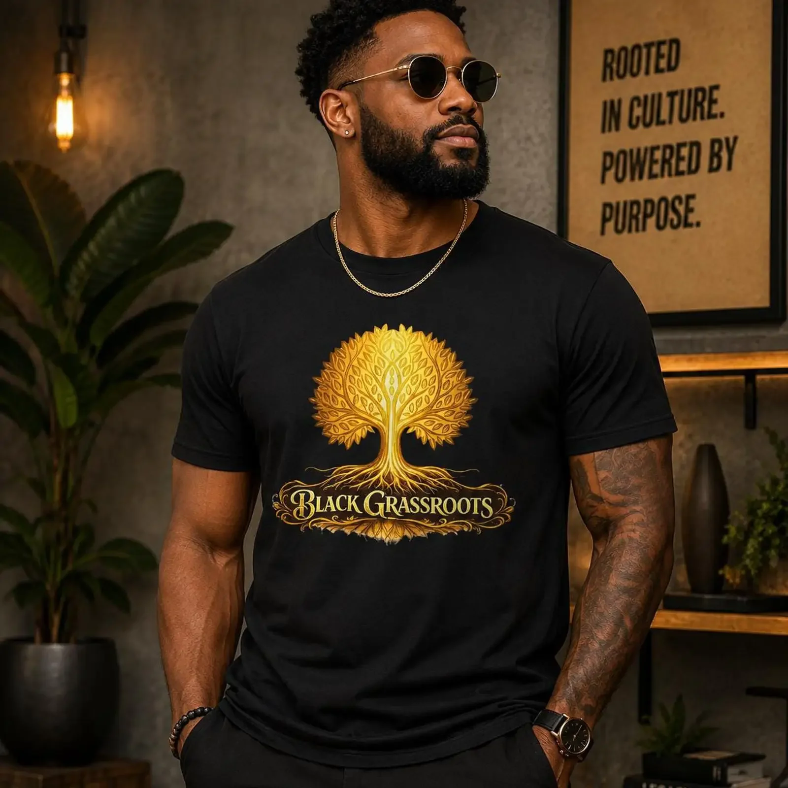 T-shirt Black Grassroots Arbre Doré de Vie, Vintage, Ethnique, Fierté Culturelle, Lavé, Doux, Polyvalent, Extensible, Respirant