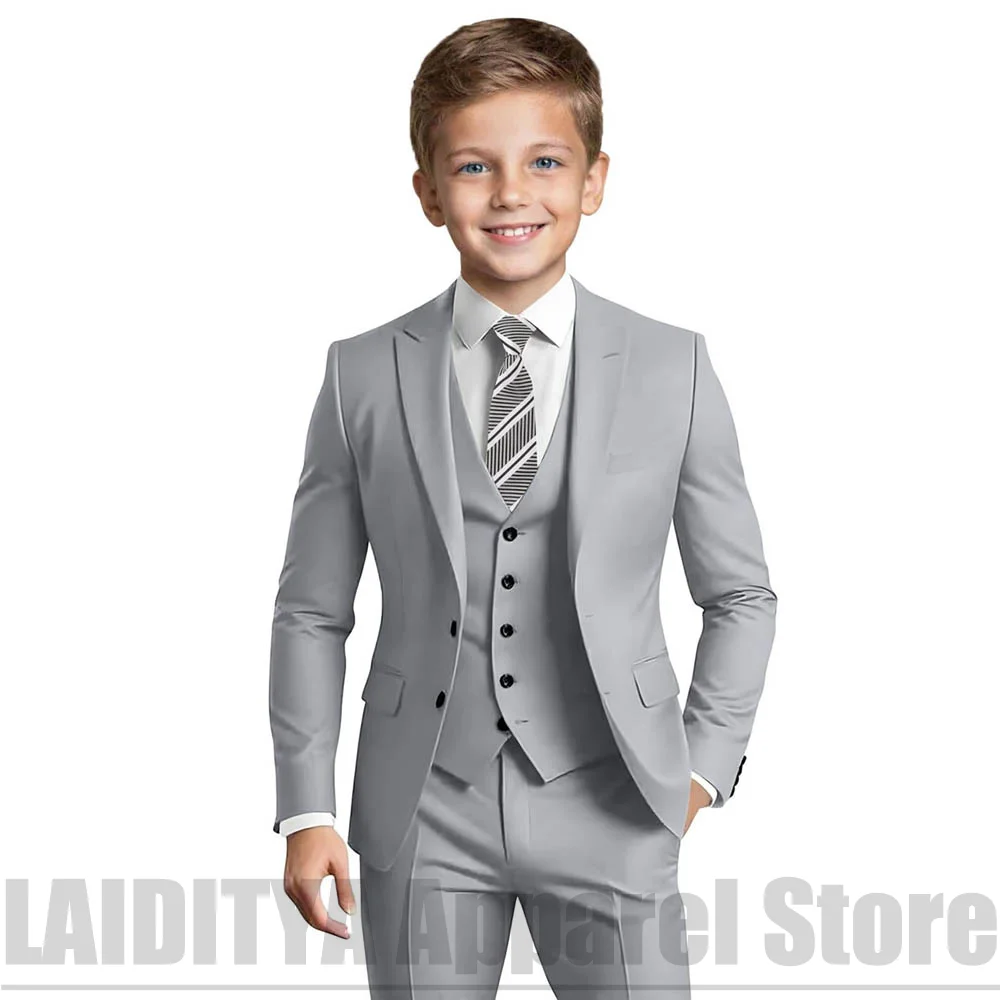 Kids Boys Grey 3 Piece Formal Suit Single Breasted Blazer Waistcoat Pants Outfit Wedding Party Photoshoot Formal Daily Wear