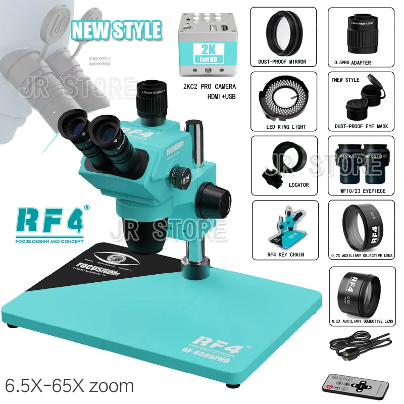 RF4 HD 4K Camera Trinocular Stereo Microscope RF-6565PRO Nine-speed Zoom Lock Key, Multi-layer Lens Phone Soldering PCB Repair