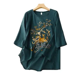 Chinese Style Embroidery Women's T-shirts Summer Cotton Linen Tees Loose Vintage Women Tops O-neck Clothing 2024 Korean