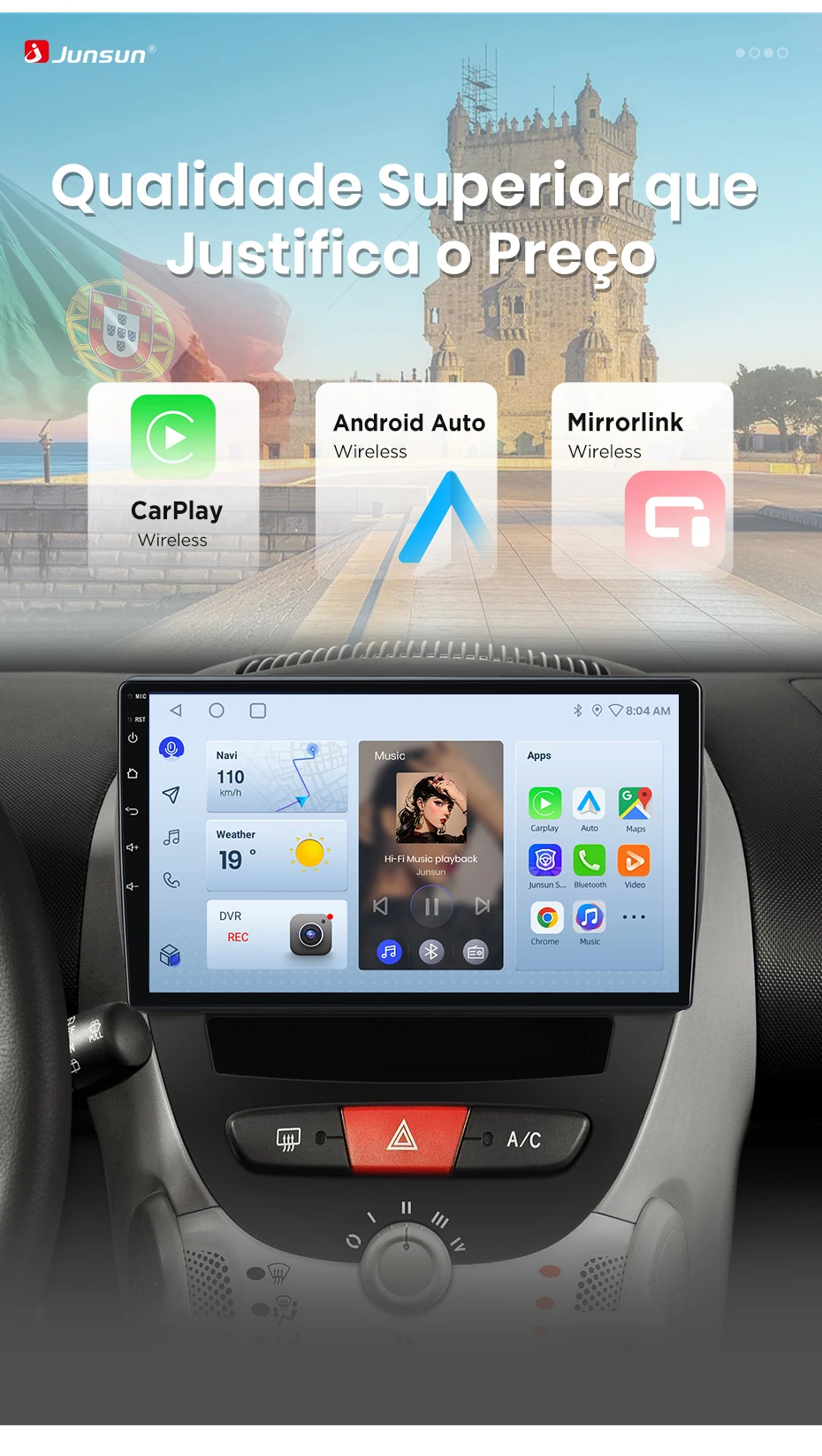 Junsun Wireless CarPlay für Autoradio Apple Auto für Peugeot 107 Toyota Aygo Citroen 2005-2014 GPS Touchscreen Multimedia – Detail 3
