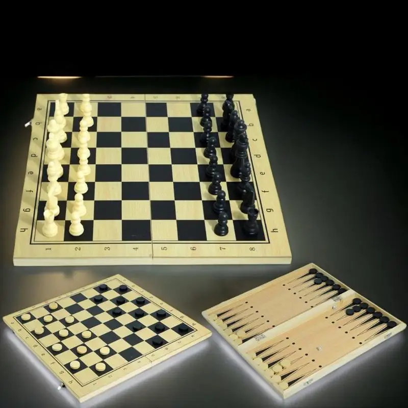 Hochwertiges Schachbrett aus Holz, tragbares 3-in-1-Reisespiel, Puzzlespielzeug für Kinder und Erwachsene
