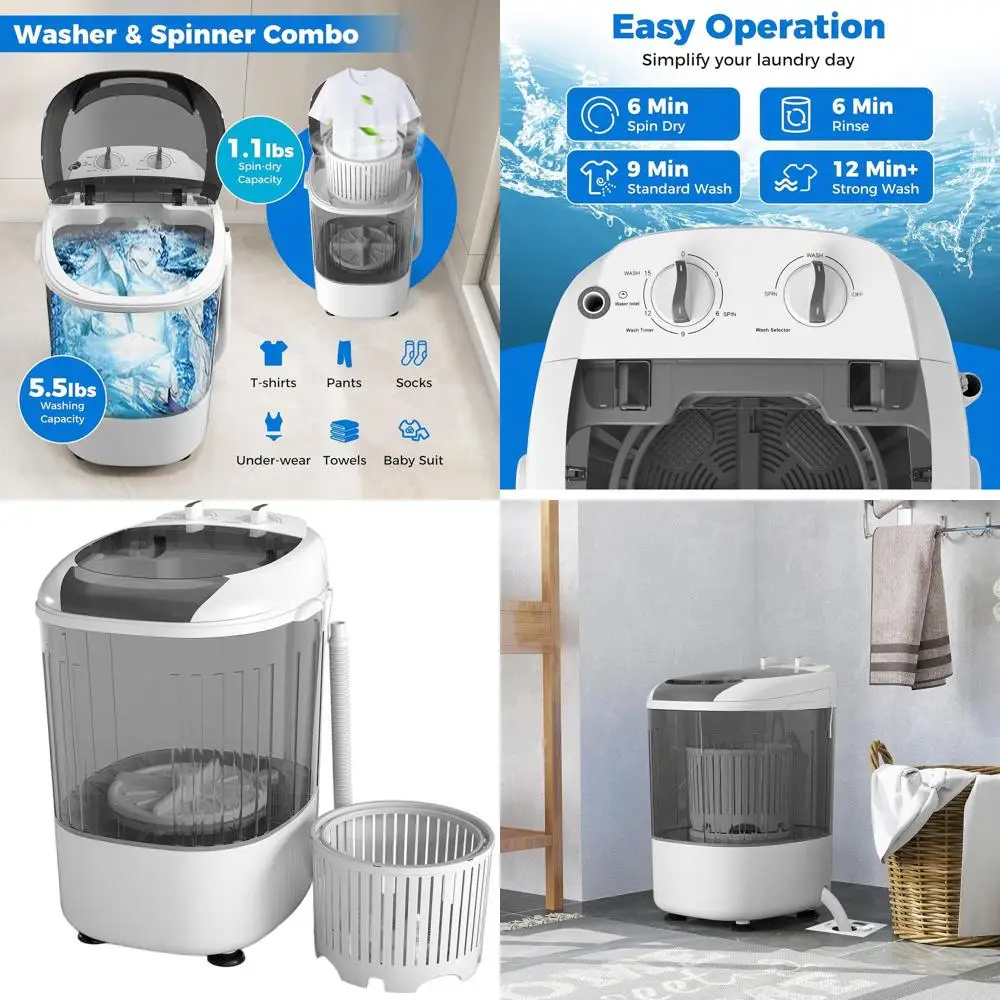 

Compact 5.5 lbs Portable Washer with Spin Tub and Drain Hose - Ideal for Dorms, RVs, and Home Use (Grey)