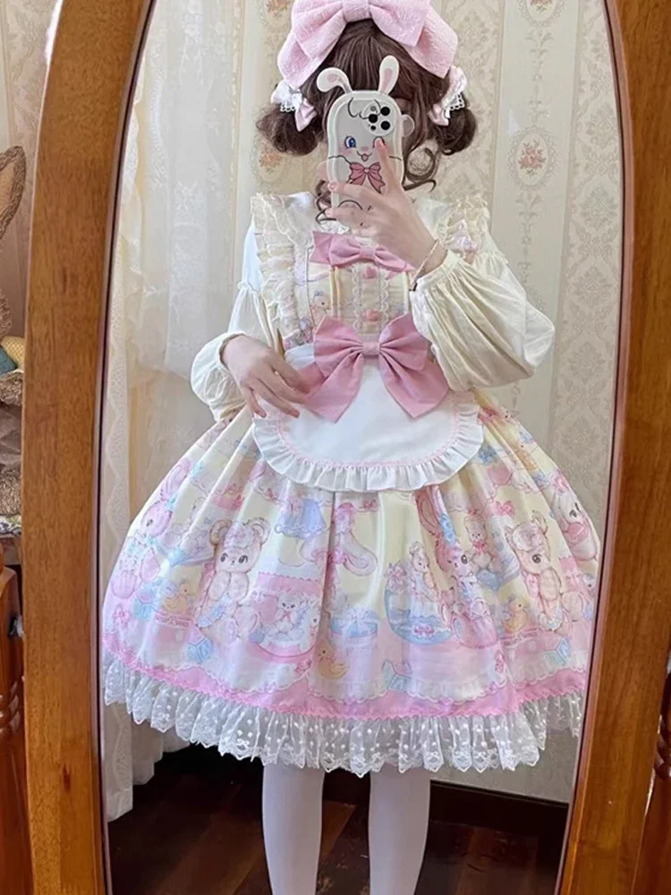 Kawaii Lolita Ruffles Apron Camisole Dress Sweetheart Princess Cartoon Printing Bow Vitality Girly Loli Mini Dresses
