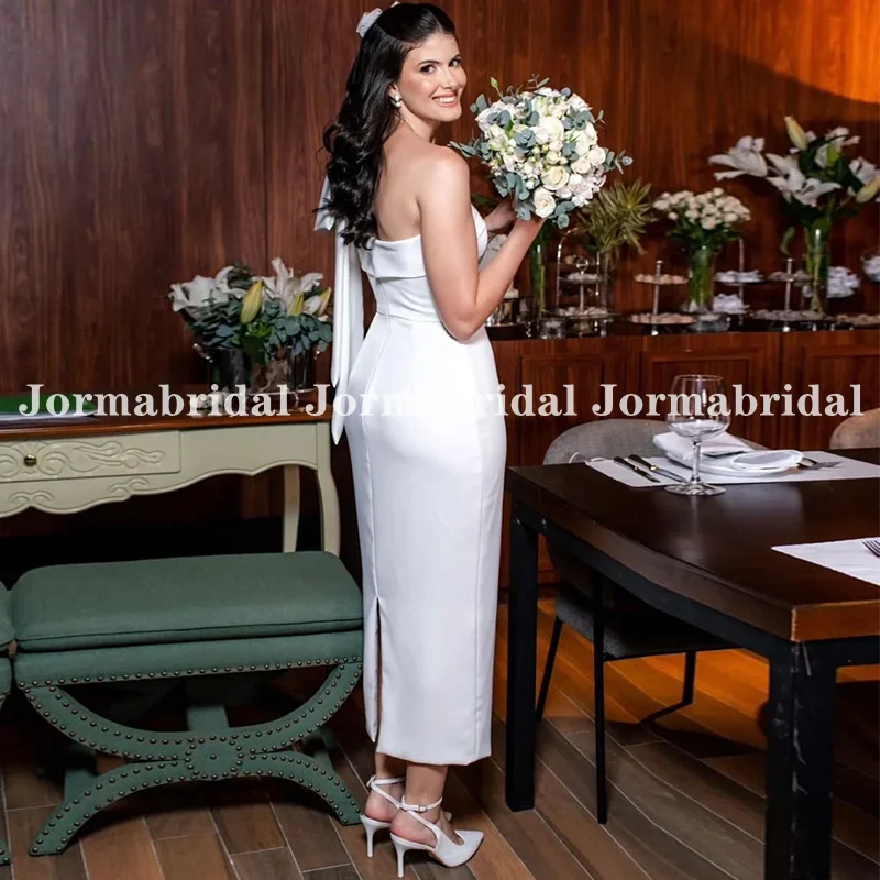 One Shoulder Mid-Calf Mermaid Wedding Dress with Bow Customized Crepe Back Slit Bride Summer Wedding Gowns vestidos de novia