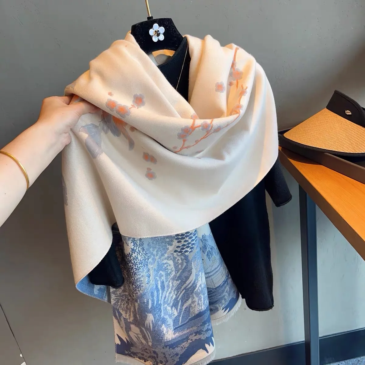 China Style Landscape Painting Good Imitate Cashmere Scarf Shawl Women Autumn Winter Warm Long Neckerchief Thick Muffler