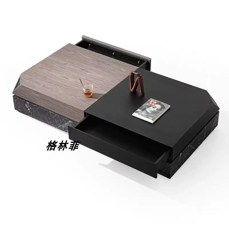 AAMedieval Style High-end Natural Marble Black Rose Coffee Table Italian Minimalist Folded Corner Short Coffee Table Combination