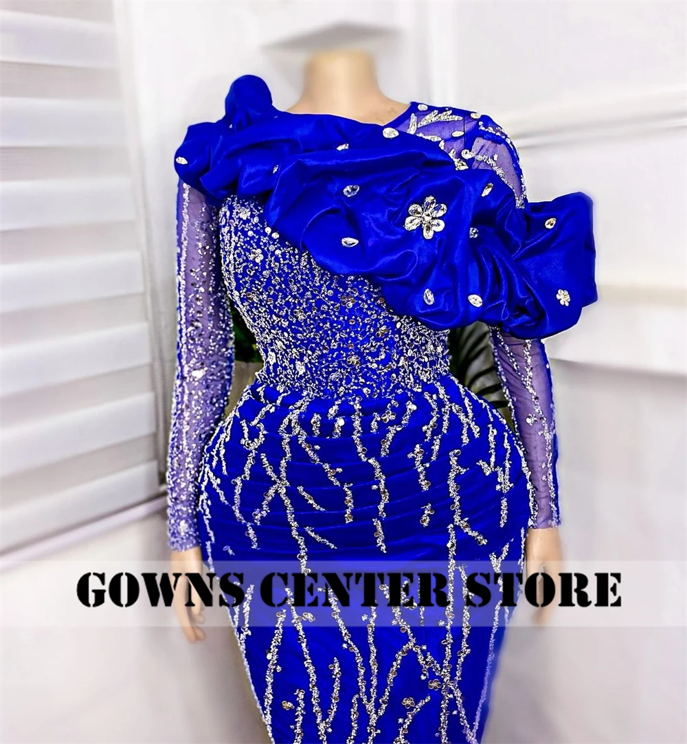 Royal Blue Ruffels Beaded Long Sleeve Aso Ebi Elegant Evening Dresses For Women Luxury Mermaid Dresses For Women Party Wedding