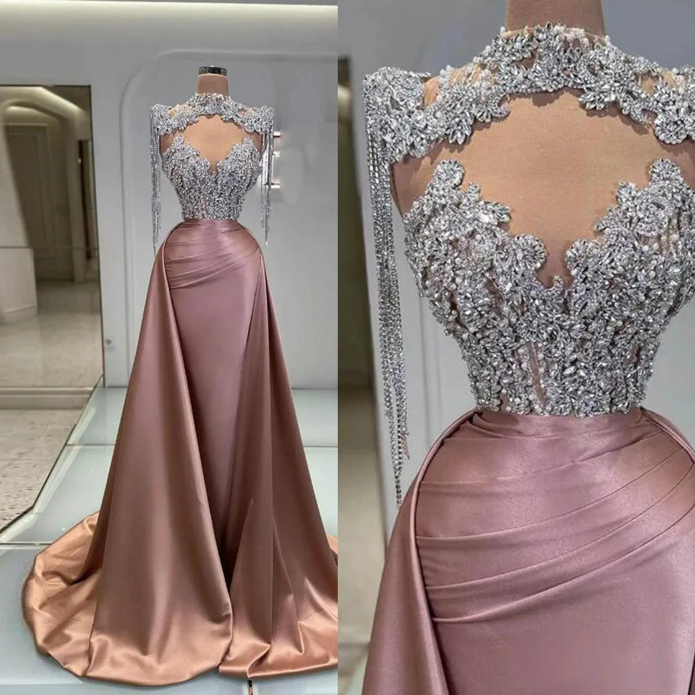 

Индивидуальные платья для выпускного вечера Aso Ebi Mermaid с блестящими кристаллами и бисером Вечерние вечерние платья с высоким воротом Платье для особых случаев