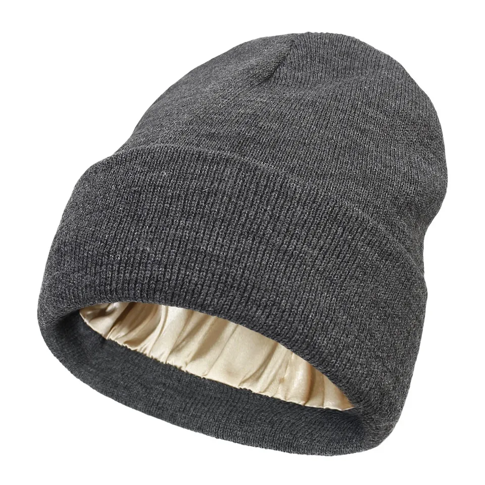 Unisex Satin Lined Beanie Hat For Women Winter Silk Lining Slouchy Warm Cuffed Skullies 2Layer Hair Cover Sleep Cap, image 11