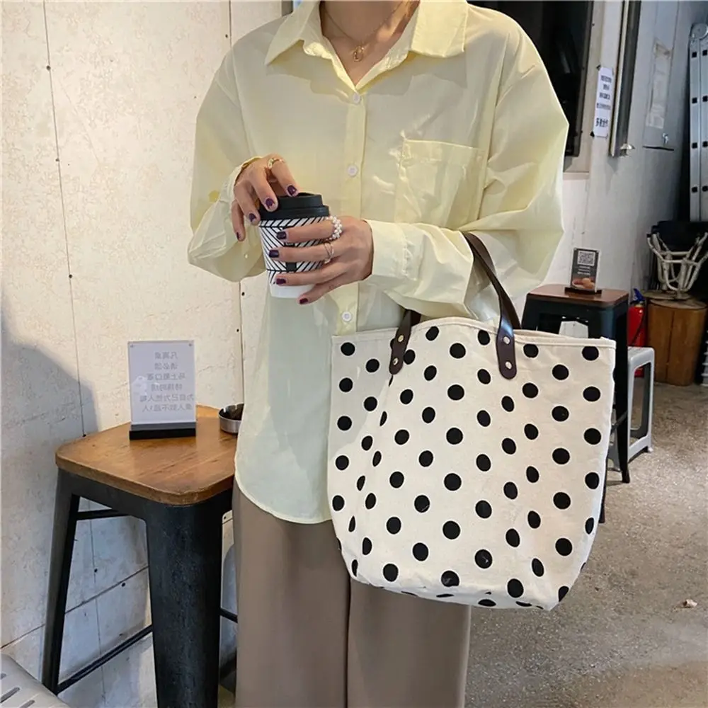 

Vintage Wave Point Polka Dot Canvas Bucket Bag Large Capacity Lunch Bag Handbag Korean Style Tote Bag Mummy Bag Girls