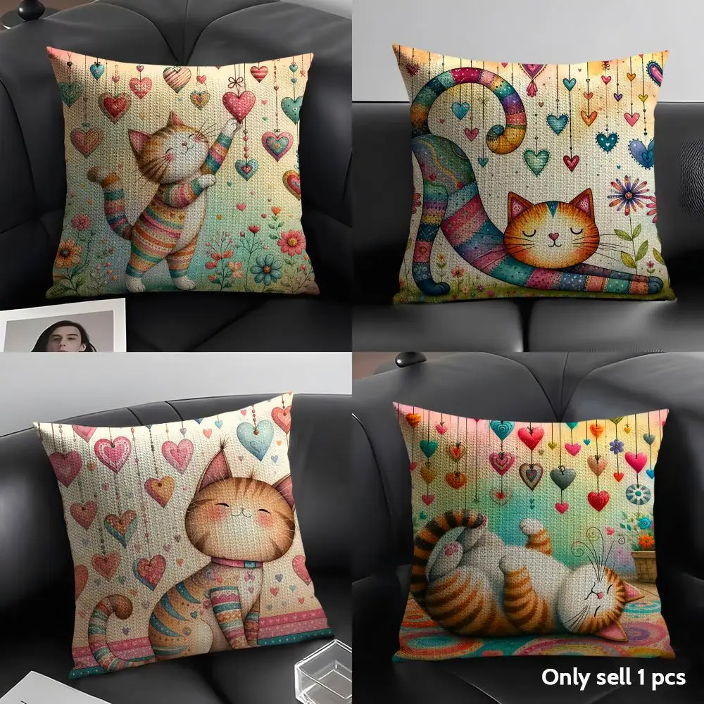Cute Cartoon Cat Cushion Cover Natural Linen Organic Fabric Double Sided Print Sofa Pillow Case Home Decor Gift