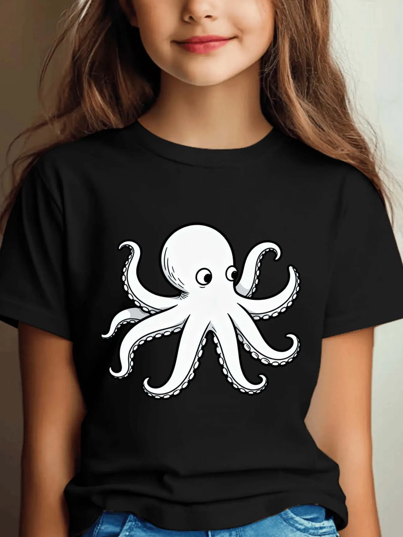 Cute Black Line Octopus Cartoon Print Graphic Kids Tee Boys Girls Family Matching Cotton Crew Neck Short Sleeve Soft Summer Tee