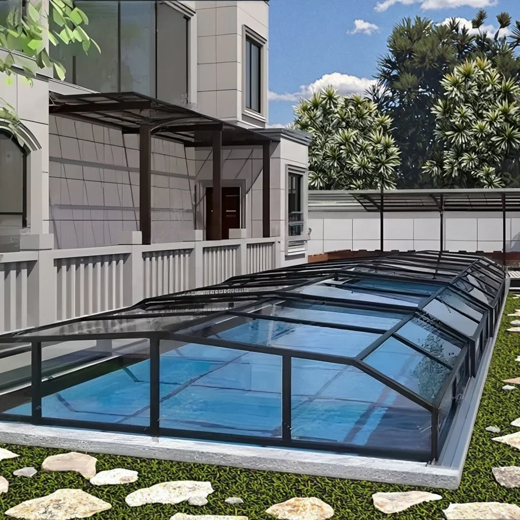 Multifunctional Polycarbonate Pool Cover Retractable Folding Pool Enclosure for Outdoor Running Pool for Villas Hotels Flat Roof