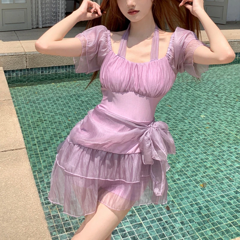 Sweet Cute Elegant Swimwear Women One Piece Skirt Purple Halter Slim Fit Short Sleeve High Waist 2024 Summer Beach Bathing Suit