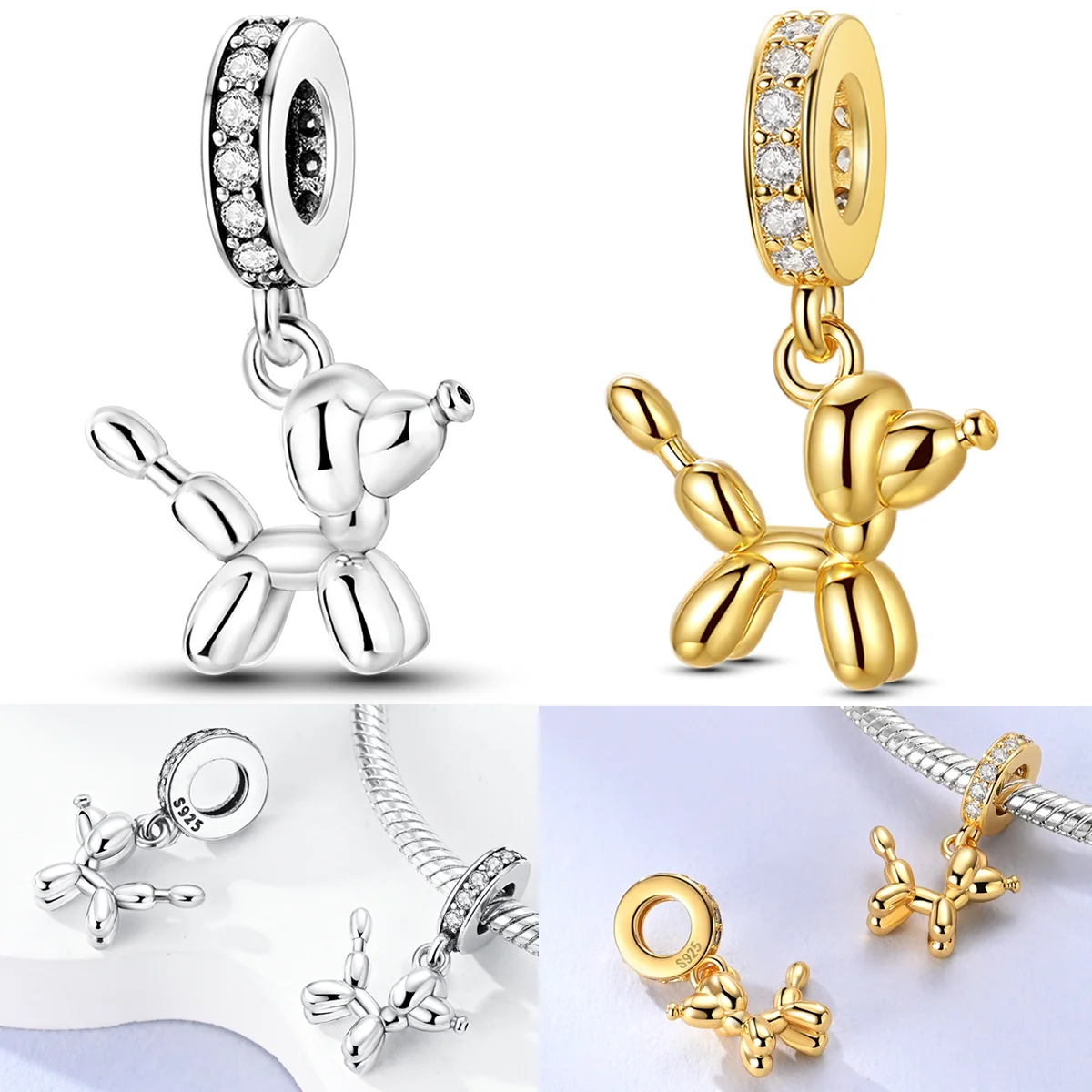 Original 925 Sterling Silber Ballon-Pudel-Anhänger, gold- und silberfarbene Haustier-Hunde-Charms für Damen und Kinder, DIY-Geburtstags-Schmuckgeschenke